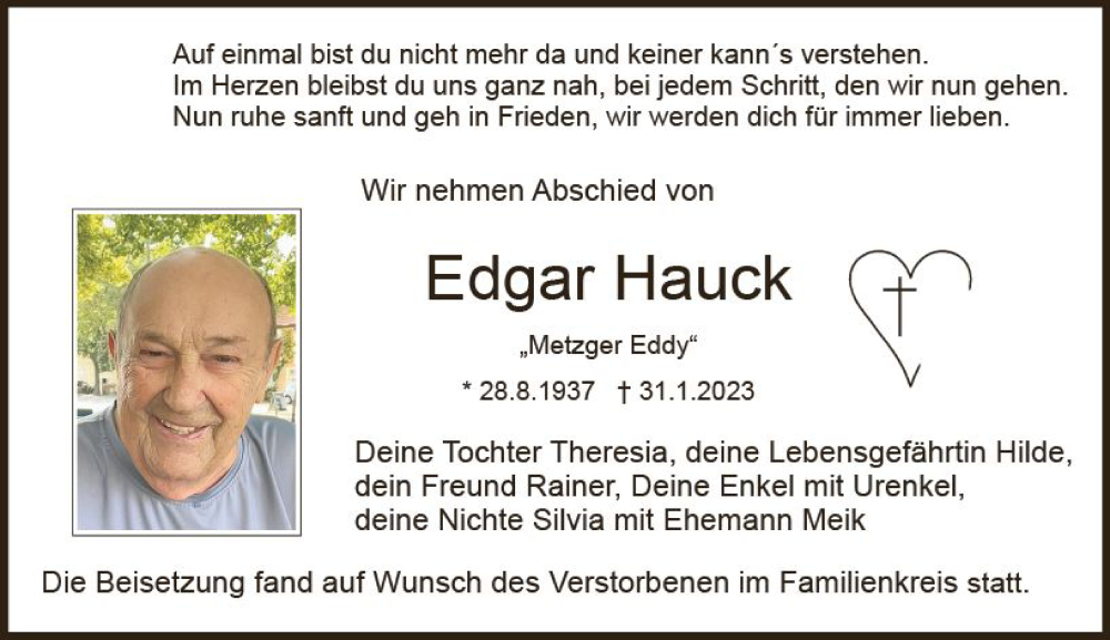  Traueranzeige für Edgar Hauck vom 04.03.2023 aus Dieburger Anzeiger/Groß-Zimmerner Lokal-Anzeiger