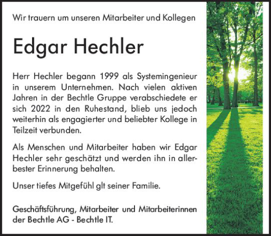 Traueranzeige von Edgar Hechler von Darmstädter Echo