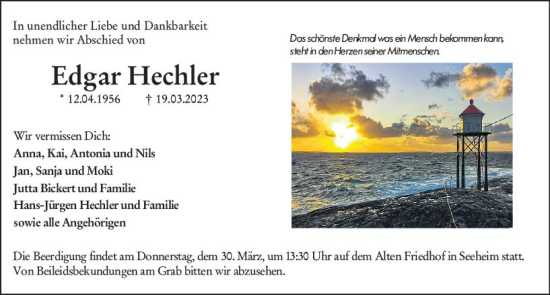 Traueranzeige von Edgar Hechler von Darmstädter Echo