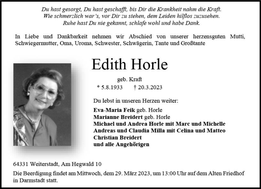  Traueranzeige für Edith Horle vom 25.03.2023 aus Darmstädter Echo