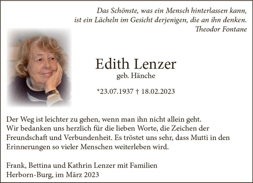  Traueranzeige für Edith Lenzer vom 24.03.2023 aus Dill Block