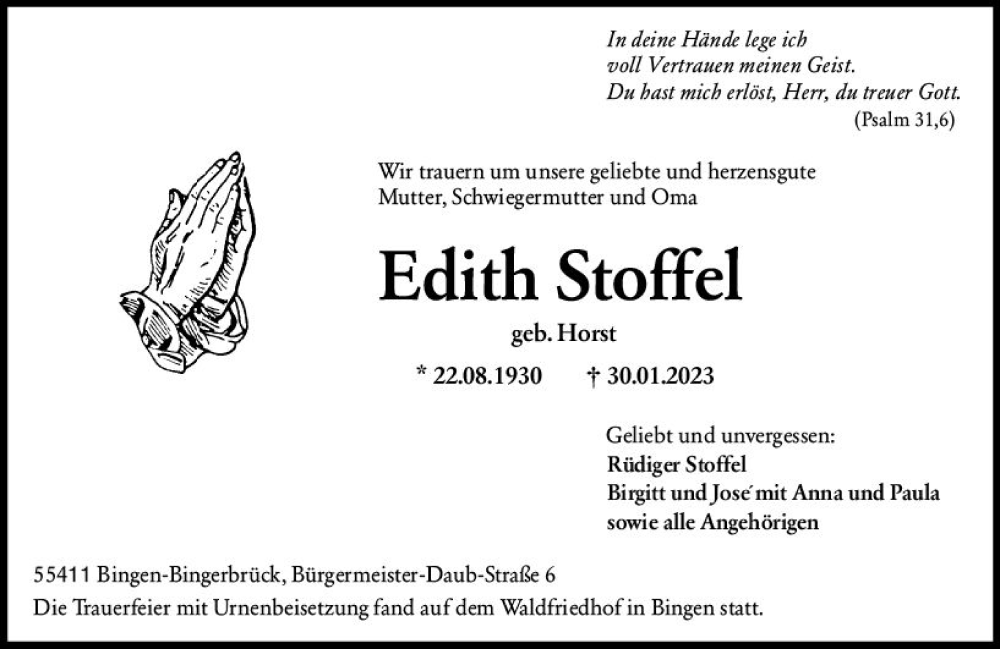  Traueranzeige für Edith Stoffel vom 04.03.2023 aus Allgemeine Zeitung Bingen/Ingelheim