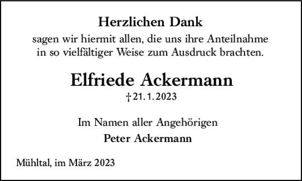  Traueranzeige für Elfriede Ackermann vom 11.03.2023 aus Darmstädter Echo