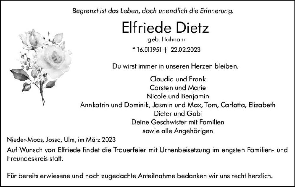  Traueranzeige für Elfriede Dietz vom 03.03.2023 aus VRM Trauer