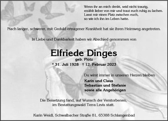 Traueranzeige von Elfriede Dinges von Wiesbadener Kurier