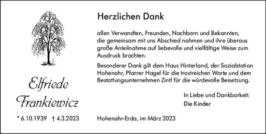 Traueranzeige von Elfriede Frankiewicz von Wetzlarer Neue Zeitung