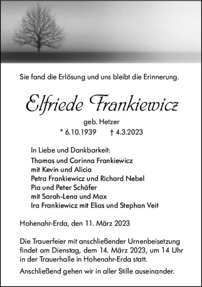  Traueranzeige für Elfriede Frankiewicz vom 11.03.2023 aus Wetzlarer Neue Zeitung