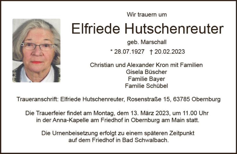  Traueranzeige für Elfriede Hutschenreuter vom 04.03.2023 aus Wiesbadener Kurier