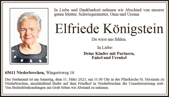 Traueranzeige von Elfriede Königstein von Nassauische Neue Presse