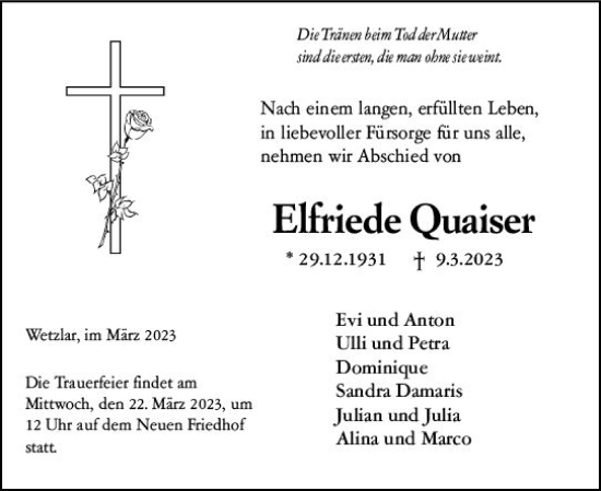 Traueranzeige von Elfriede Quaiser von Wetzlarer Neue Zeitung