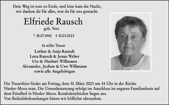 Traueranzeige von Elfriede Rausch von VRM Trauer