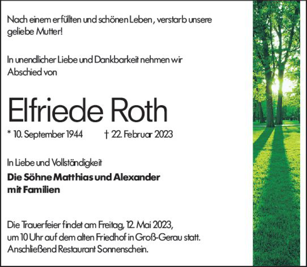  Traueranzeige für Elfriede Roth vom 01.04.2023 aus Groß-Gerauer Echo