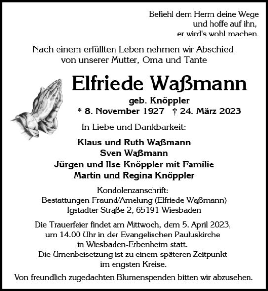 Traueranzeige von Elfriede Waßmann von Wiesbadener Kurier