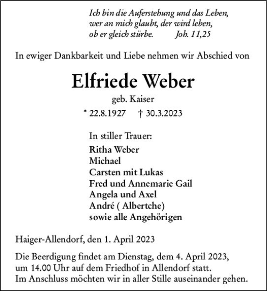 Traueranzeige von Elfriede Weber von Dill Block