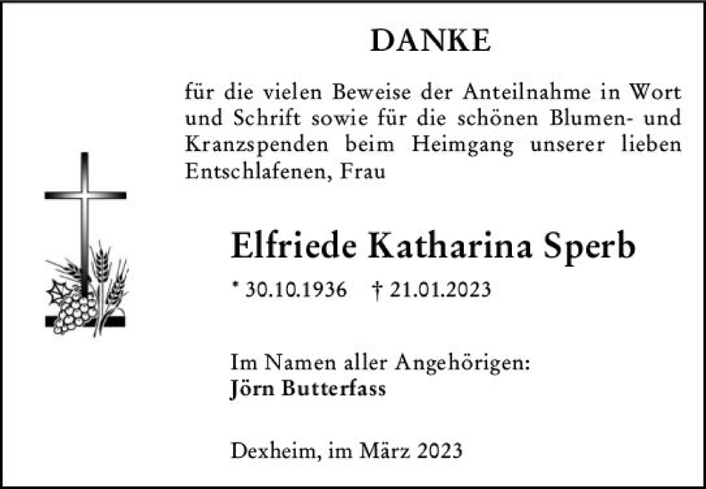  Traueranzeige für Elfriede Katharina Sperb vom 18.03.2023 aus Allgemeine Zeitung Mainz