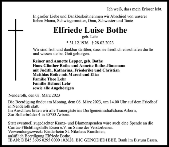 Traueranzeige von Elfriede Luise Bothe von Dill Block