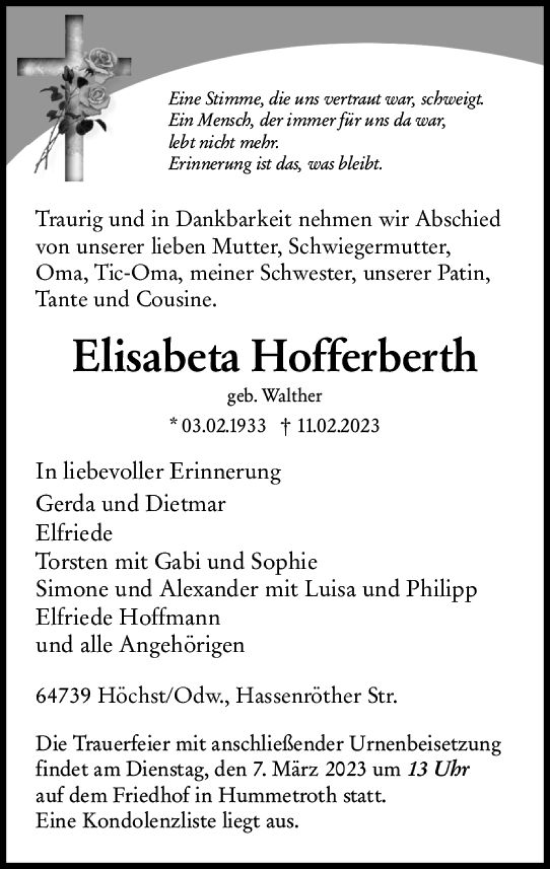 Traueranzeige von Elisabeta Hofferberth von Odenwälder Echo