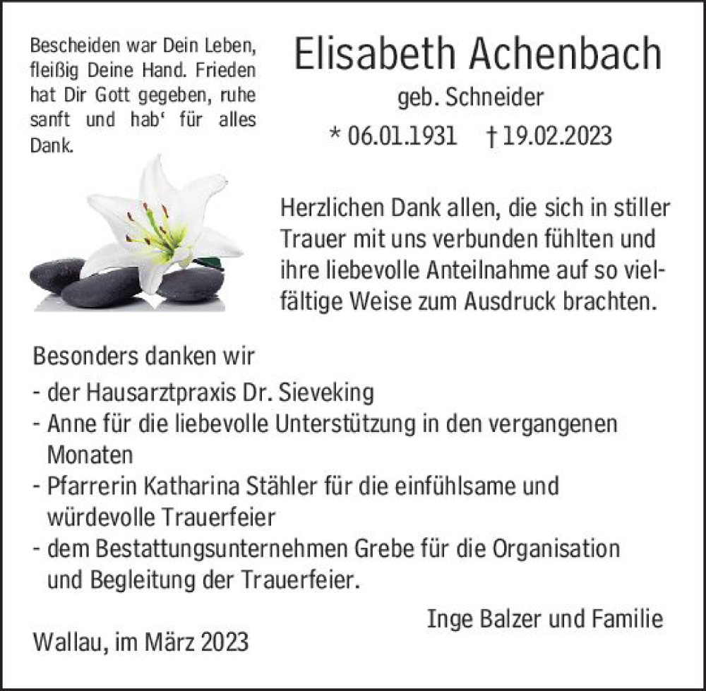  Traueranzeige für Elisabeth Achenbach vom 20.03.2023 aus Hinterländer Anzeiger