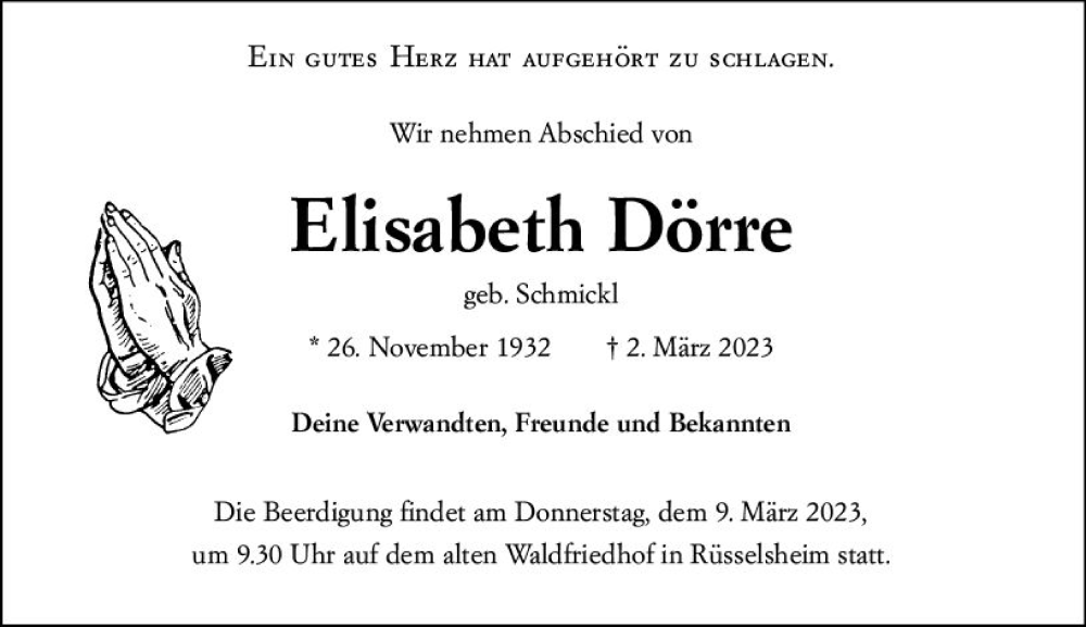 Traueranzeige für Elisabeth Dörre vom 07.03.2023 aus Rüsselsheimer Echo