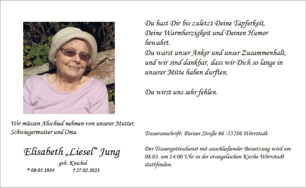  Traueranzeige für Elisabeth Jung vom 04.03.2023 aus Allgemeine Zeitung Alzey