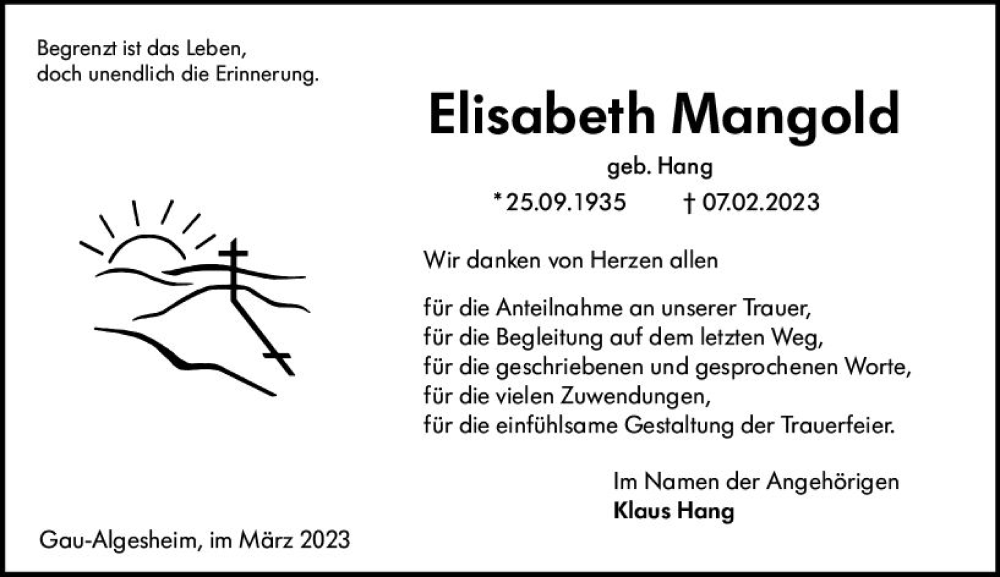  Traueranzeige für Elisabeth Mangold vom 11.03.2023 aus Allgemeine Zeitung Bingen/Ingelheim