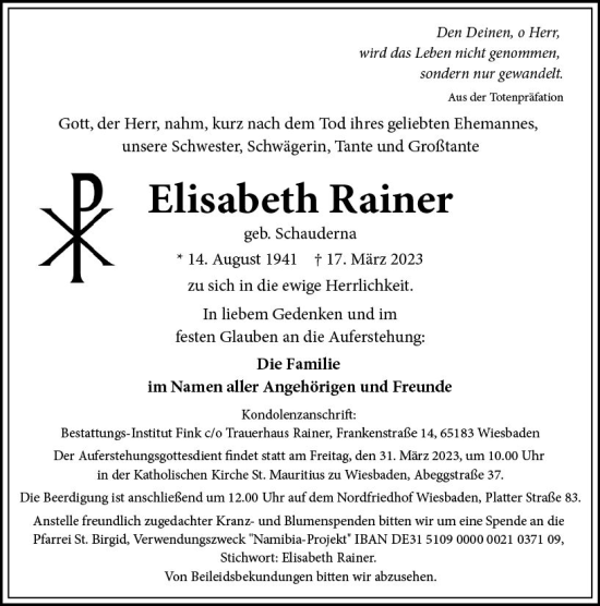 Traueranzeige von Elisabeth Rainer von Wiesbadener Kurier