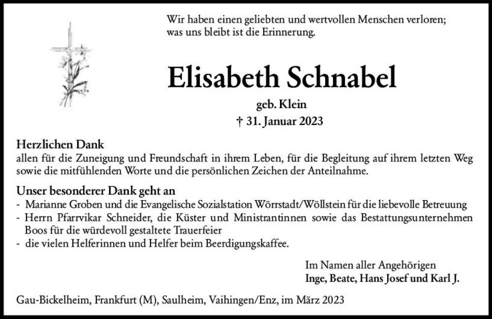  Traueranzeige für Elisabeth Schnabel vom 04.03.2023 aus Allgemeine Zeitung Alzey