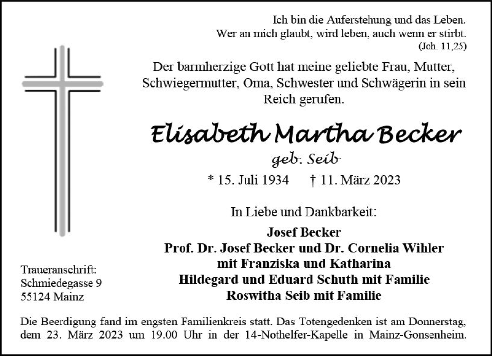  Traueranzeige für Elisabeth Martha Becker vom 18.03.2023 aus Allgemeine Zeitung Mainz