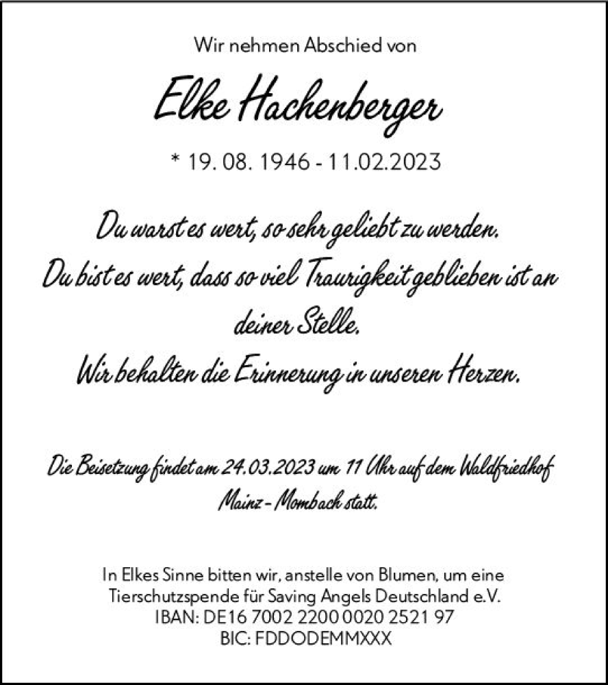  Traueranzeige für Elke Hachenberger vom 18.03.2023 aus Allgemeine Zeitung Mainz