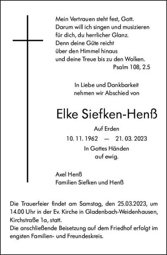 Traueranzeige von Elke Siefken-Henß von Hinterländer Anzeiger