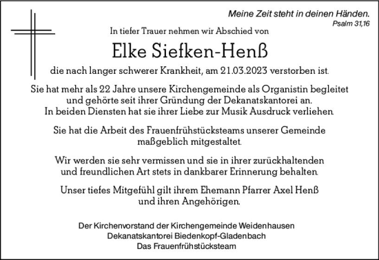 Traueranzeige von Elke Siefken-Henß von Hinterländer Anzeiger