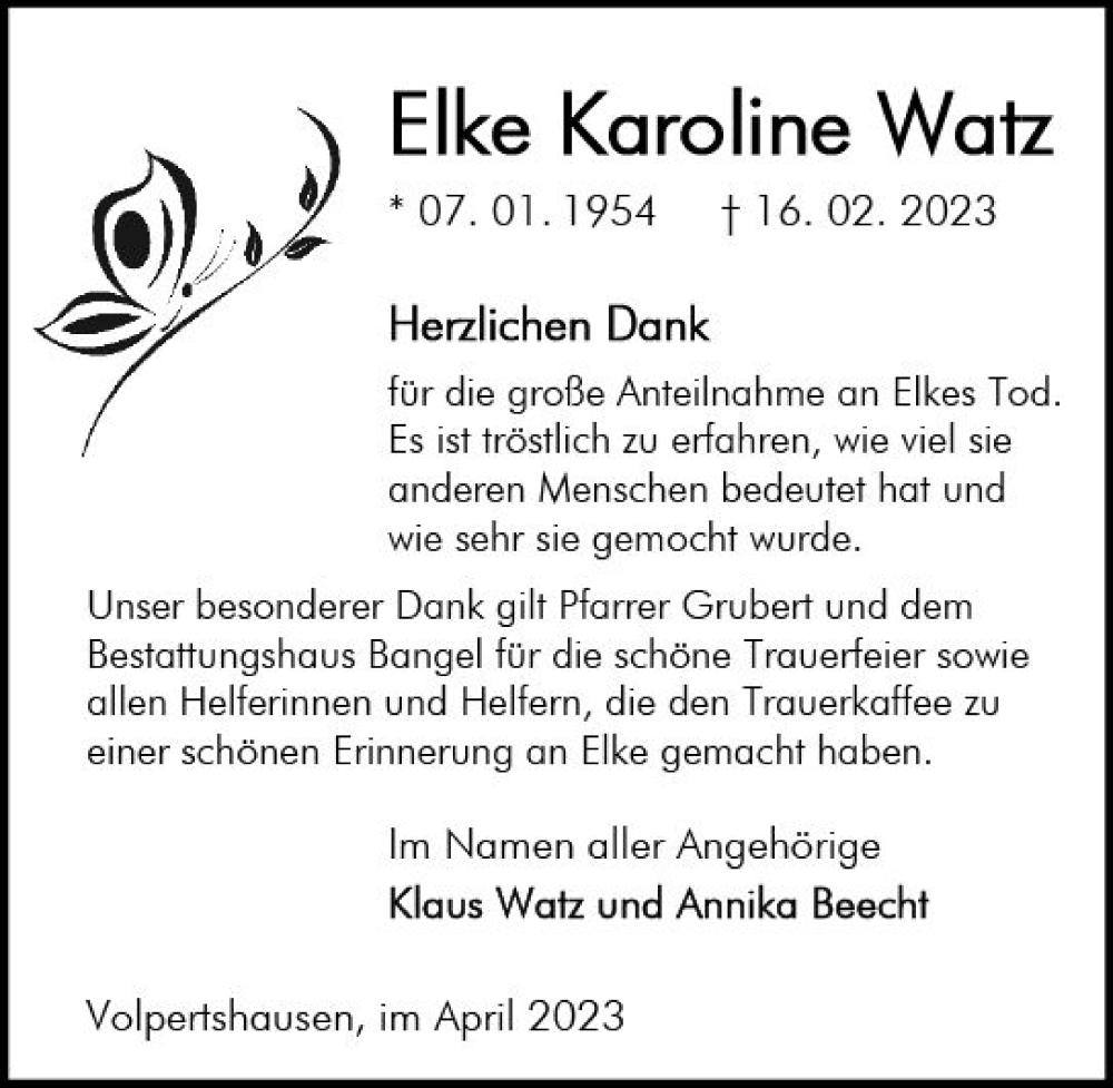  Traueranzeige für Elke Karoline Watz vom 01.04.2023 aus Wetzlarer Neue Zeitung