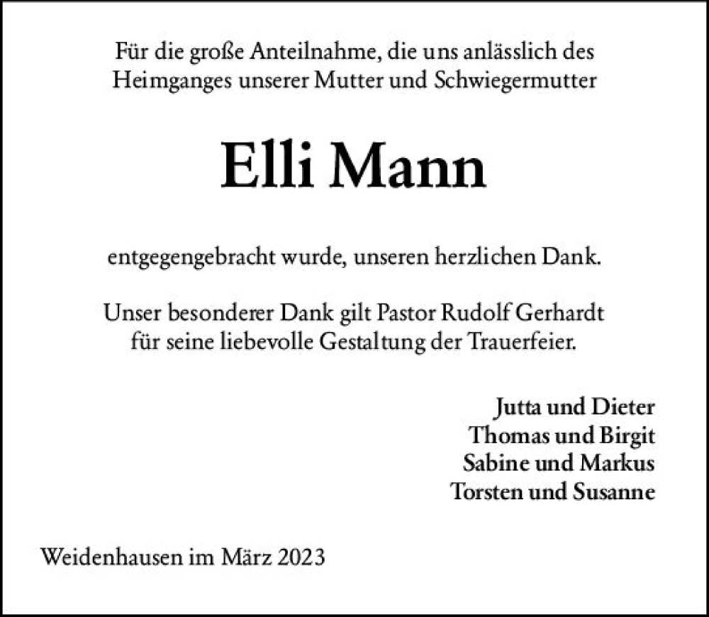  Traueranzeige für Elli Mann vom 18.03.2023 aus Hinterländer Anzeiger