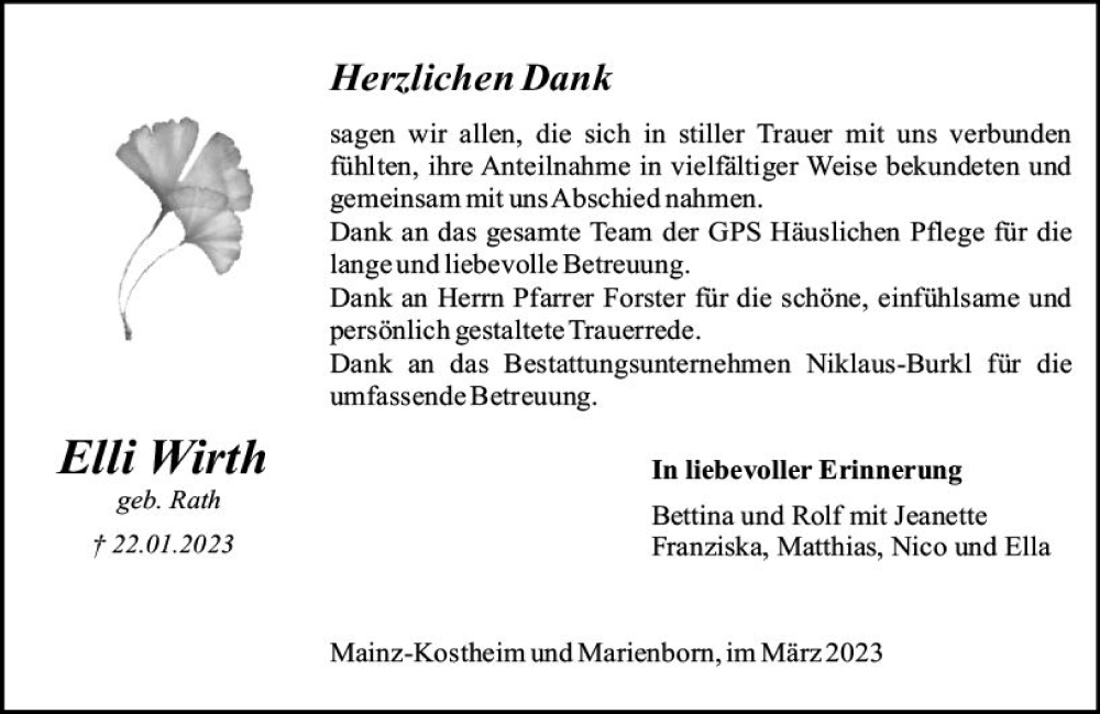  Traueranzeige für Elli Wirth vom 11.03.2023 aus Allgemeine Zeitung Mainz