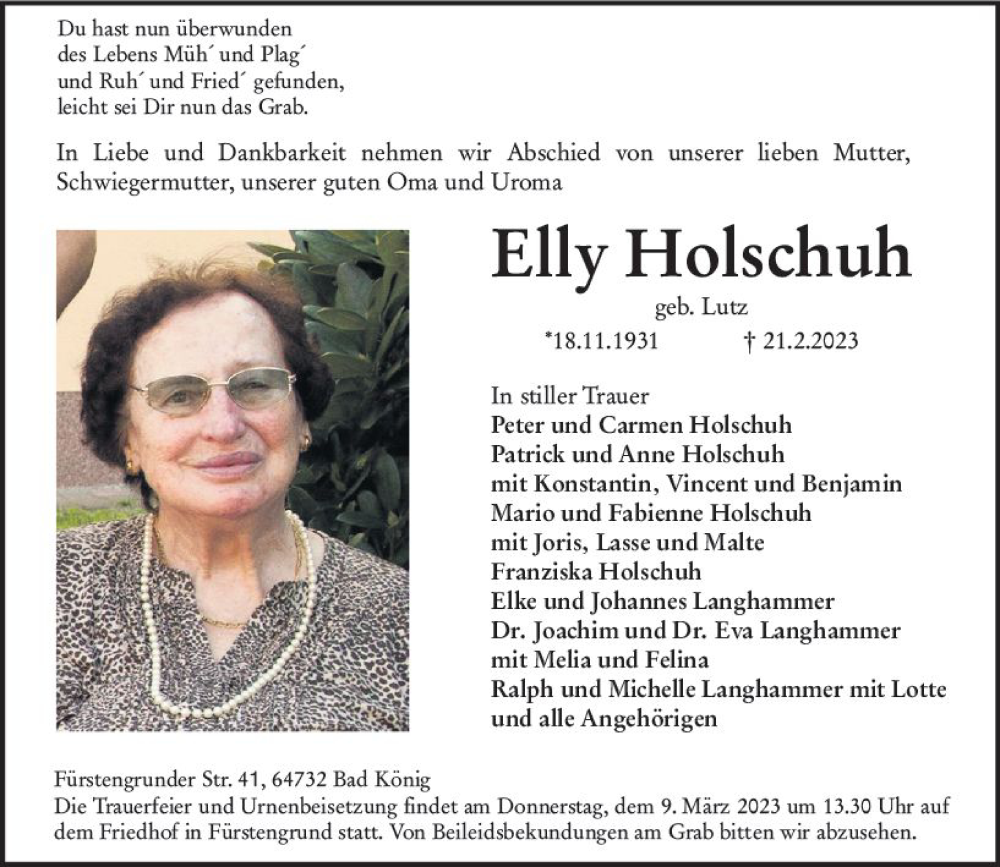  Traueranzeige für Elly Holschuh vom 04.03.2023 aus Odenwälder Echo