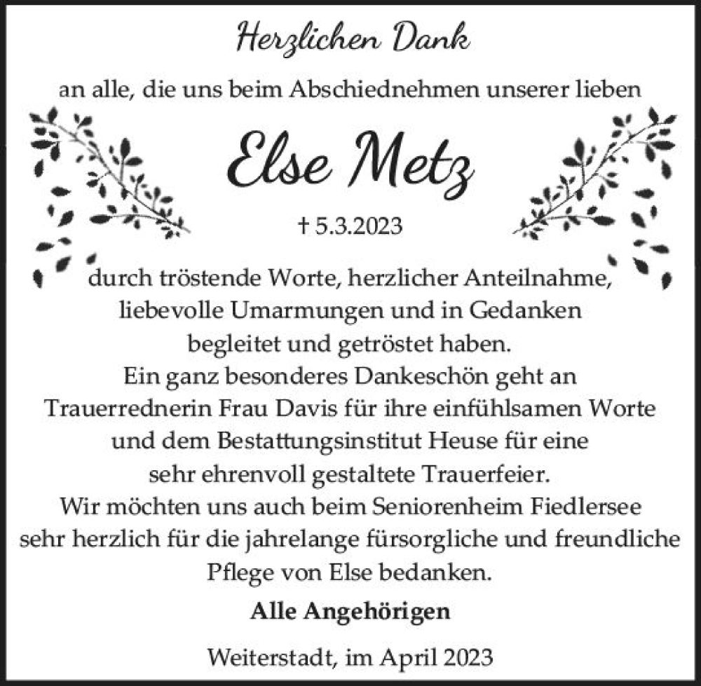  Traueranzeige für Elsa Metz vom 01.04.2023 aus Darmstädter Echo