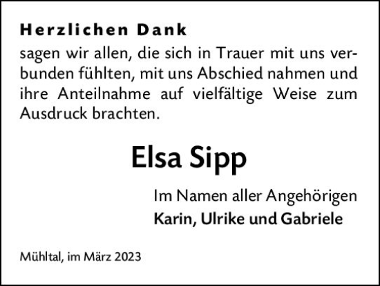 Traueranzeige von Elsa Sipp von Darmstädter Echo
