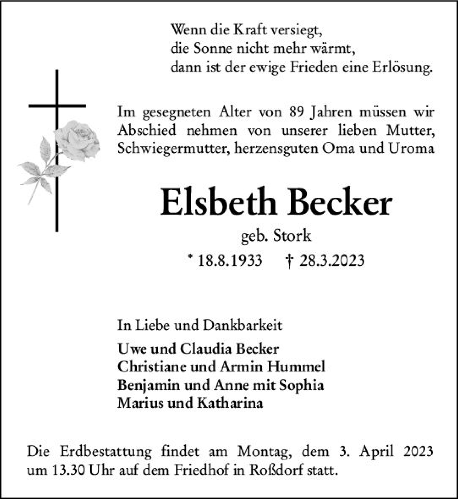  Traueranzeige für Elsbeth Becker vom 01.04.2023 aus Darmstädter Echo