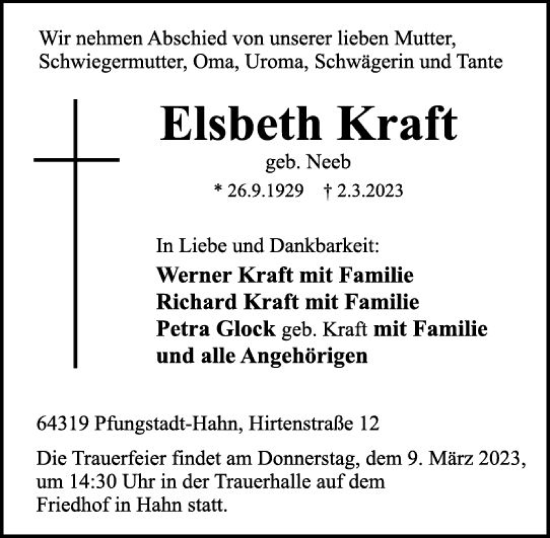 Traueranzeige von Elsbeth Kraft von Darmstädter Echo