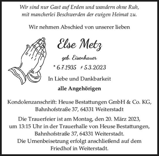 Traueranzeige von Else Metz von Darmstädter Echo