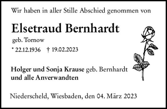 Traueranzeige von Elsetraud Bernhardt von Dill Block
