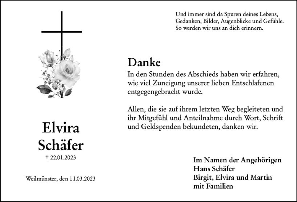  Traueranzeige für Elvira Schäfer vom 11.03.2023 aus Weilburger Tageblatt