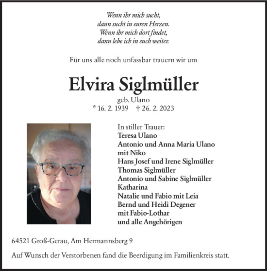 Traueranzeige von Elvira Sieglmüller von Groß-Gerauer Echo