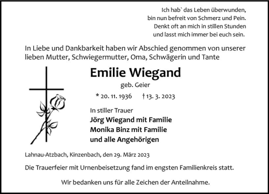 Traueranzeige von Emilie Wiegand von Wetzlarer Neue Zeitung