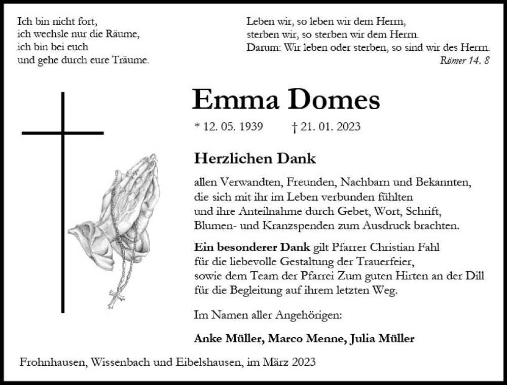  Traueranzeige für Emma Domes vom 11.03.2023 aus Dill Block