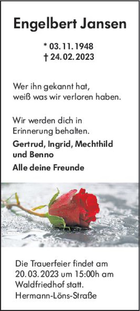 Traueranzeige von Engelbert Jansen von Rüsselsheimer Echo