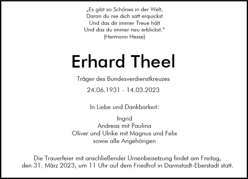  Traueranzeige für Erhard Theel vom 25.03.2023 aus Darmstädter Echo
