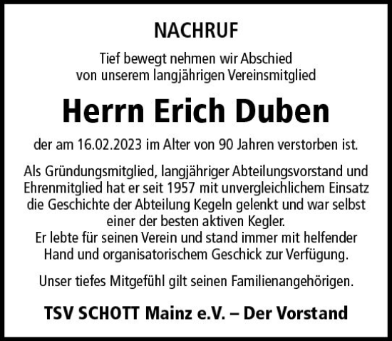 Traueranzeige von Erich Duben von Allgemeine Zeitung Mainz