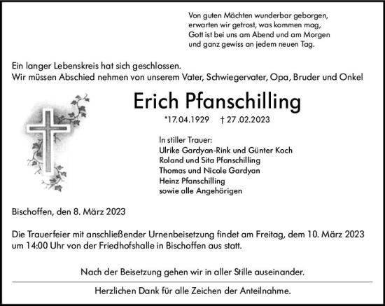 Traueranzeige von Erich Pfanschilling von Dill Block