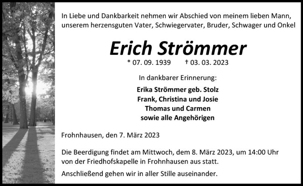  Traueranzeige für Erich Strömmer vom 07.03.2023 aus Dill Block